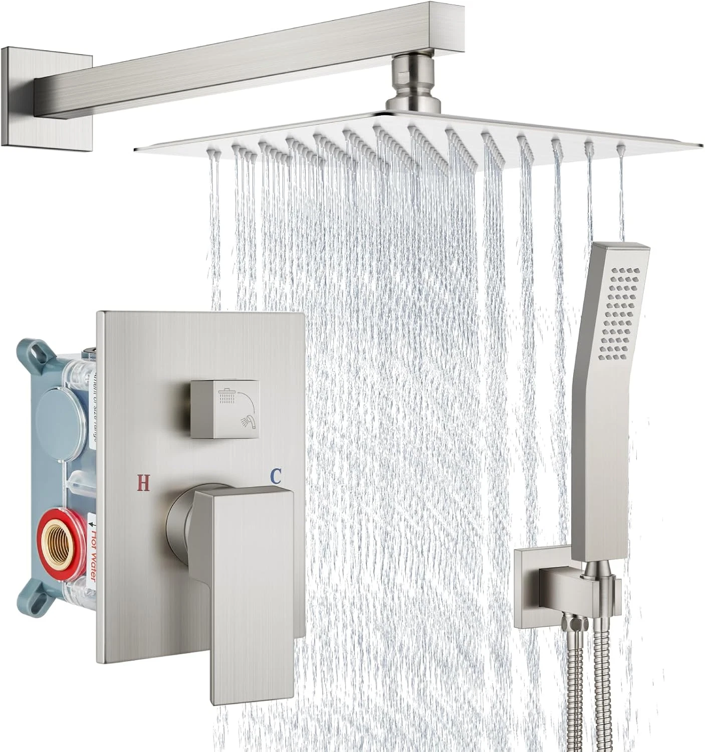 Brushed Nickel Rain Shower System with Handheld Spray & Valve Kit 8" Head