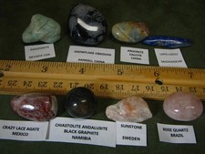 8 MINERAL SPECIMENS CHIASTOLITE ANDALUSITE LAPIS LAZULI SUNSTONE ARGONITE #122