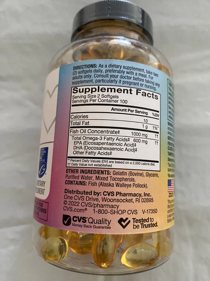 CVS 100% Suplemento de aceite de pescado silvestre de Alaska 1000 mg, fácil de tragar, 200 ct, NUEVO Foto 2 de 4