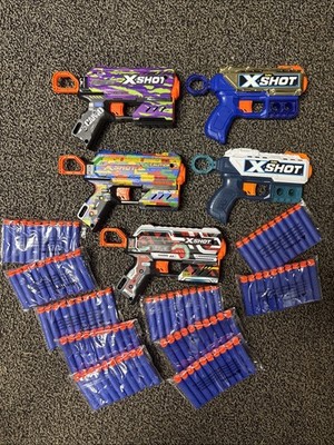 (5 Total) Set Of 3 Zuru X Shot Skins Dart Blasters & 1 Gold , 1 White W/ Darts