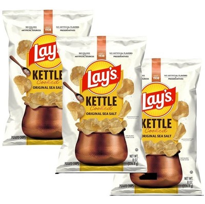 Lay's Kettle Cooked Potato Chips Original SEA SALT Crisp Classic 8 oz 3 Bags