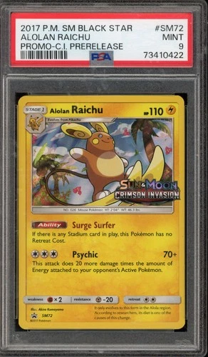 Pokemon Alolan Raichu Crimson Invasion Prerelease Holo Promo SM72 PSA 9 Mint