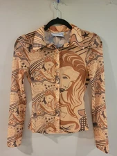 HOUSE OF SUNNY  Women's Graphic Long Sleeved Meshed Collared Shirt Orange Size 2