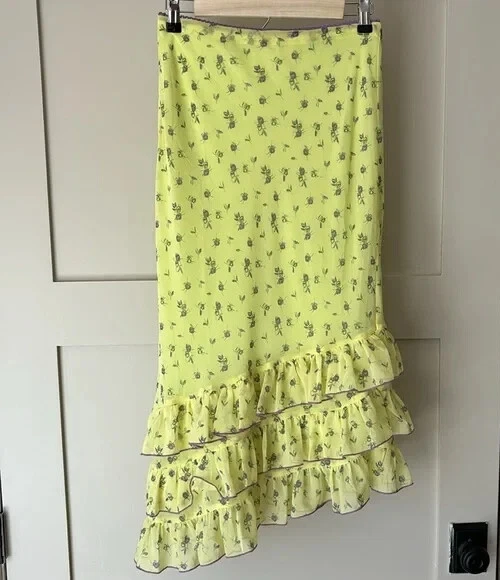 Falda midi UO Kimchi Azul Lenora Gasa Volantes Nueva Sin Etiquetas Talla S Verde/Púrpura Foto 4 de 4
