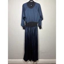Ppino Size Medium Mock Neck Smocked Fall Maxi Shift Dress Blue Long Sleeves 