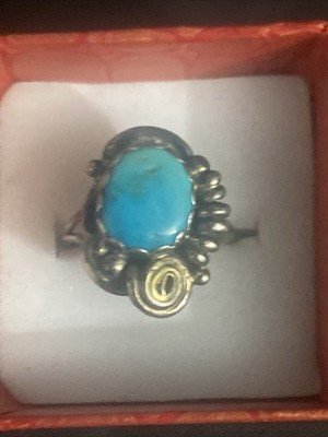 Vtg Navajo James Jefferson Sterling Silver Turquoise Ring 7 Signed JJ Sunburst