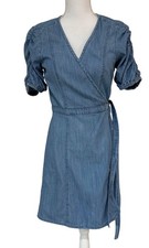 Madewell Dress Size Small Blue Chambray Tie Waist Wrap Ruched Sleeve V Neck