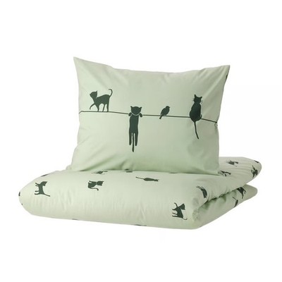 Ikea BARNDRÖM Bettwäsche-Set, 4-teilig, Katzenmuster/grün, 2x140x200/2x80x80 cm