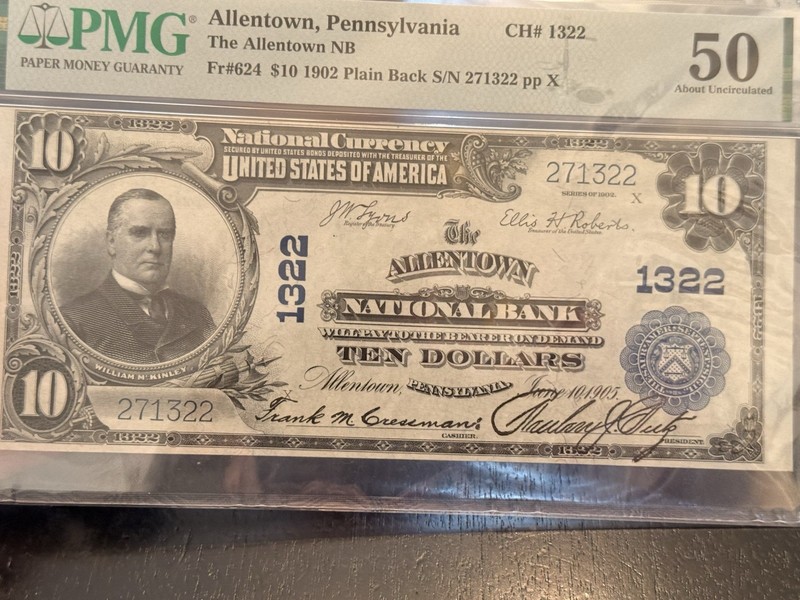 1902 Plainback $10 Note A/U 50 Graded Allentown PA Nice Note