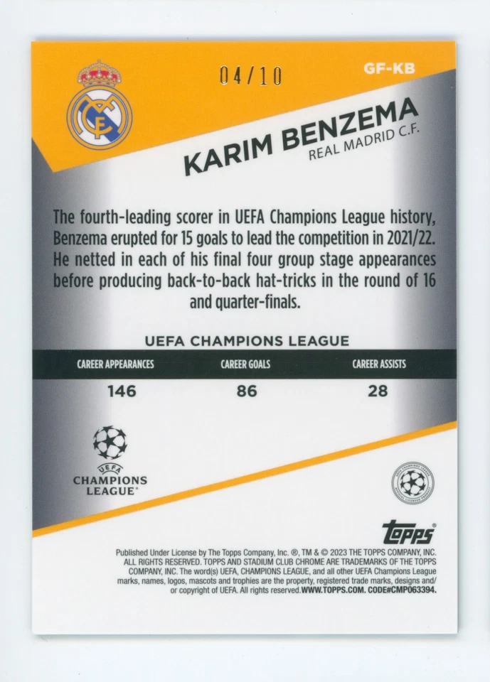 2022–23 Карим Бензема Topps Stadium Club хромированная черная переливающаяся карточка Real Madrid 4/10 - Изображение 2 из 3