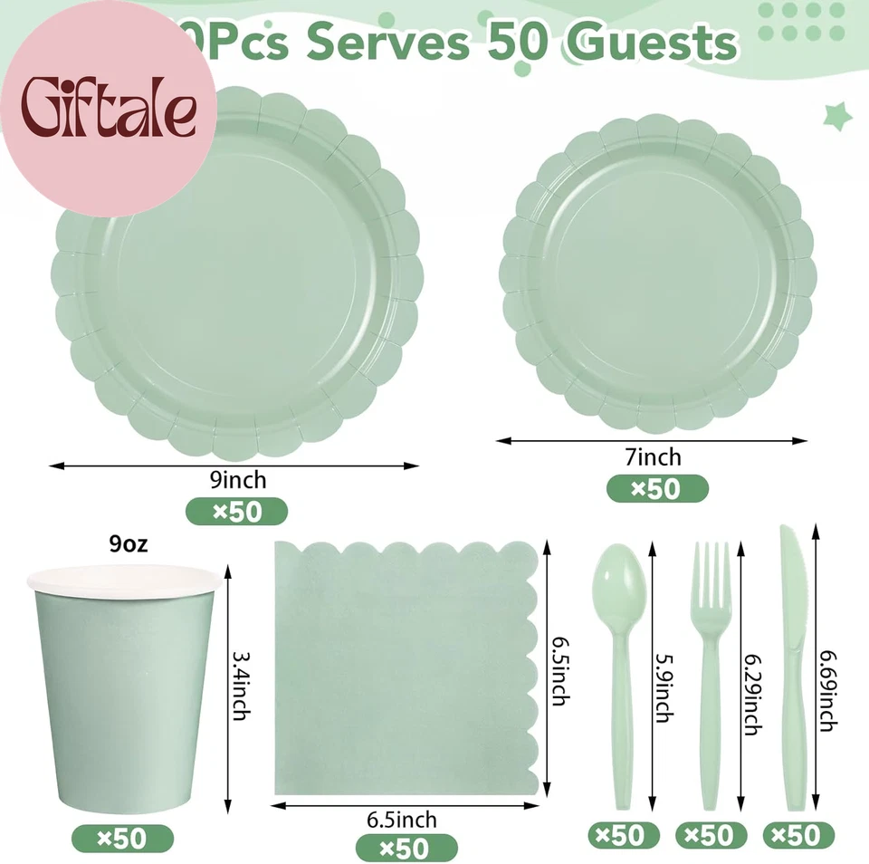 350 peças pratos e guardanapos de papel verde sálvia, suprimentos para festa verde sálvia incluem G - Imagem 2 de 4