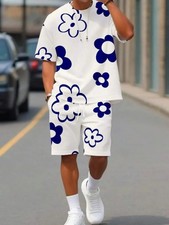 Mens 2 Piece Set Graphic Flower Print T-Shirt Shorts Black White Summer Outfit