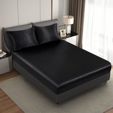 Black Silk Satin King Size Fitted Sheet Only Deep Pocket Fully Elasticized