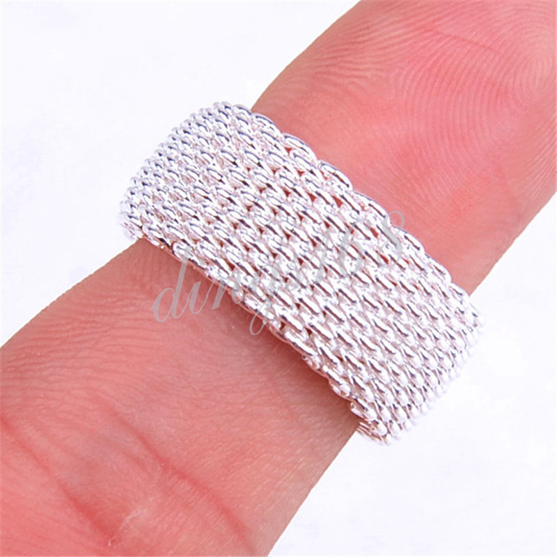 Men&Women's 925 Sterling Silver 10mm wide Flexible Woven Mesh Net Band Ring  H022