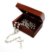 Catholic Glass Pearl Prayer Beads Rosary Silver plated cross crucifix wooden box
