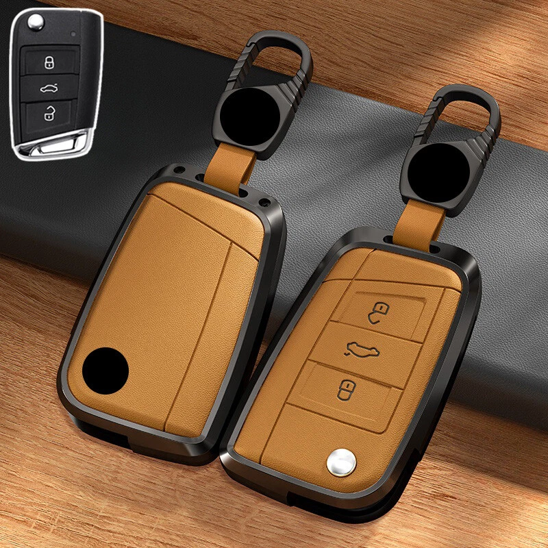 Aluminum Alloy Leather Car Key Case Cover For VW Leon Golf Polo Seat Karoq Skoda Foto 3 de 4