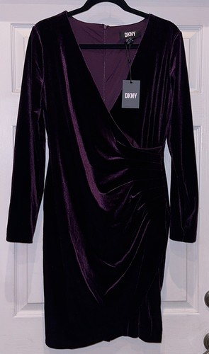 DKNY Velvet V Neck Side Pleated L/S Grape Purple Sheath Dress NEW Womens Sz 12 - Picture 4 of 7