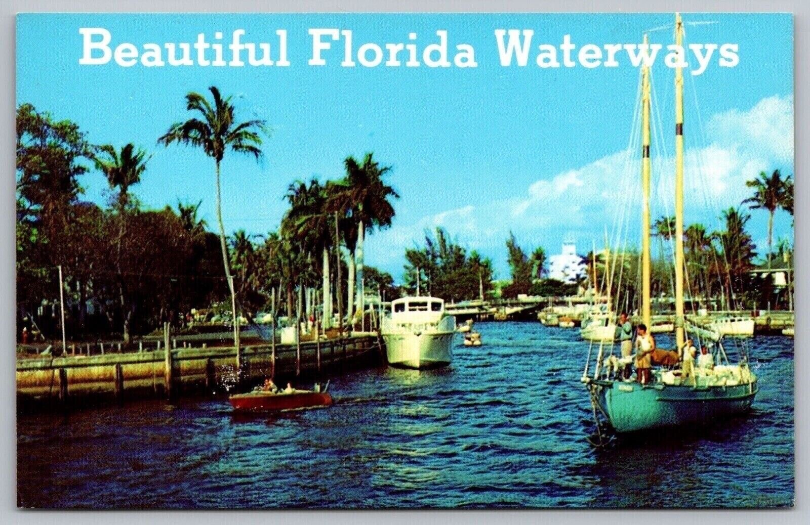 Florida Waterway Scenic Landmark Boats Tropical Foliage Chrome Postcard