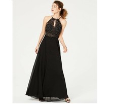 Blondie Nites Junior Womens 5 Black Rhinestone Mesh Halter Keyhole Gown NWT