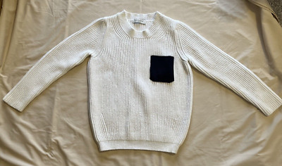 SANDRO PARIS Thick White Cotton Pullover Sweater Dark Blue Pocket Womens Size 1
