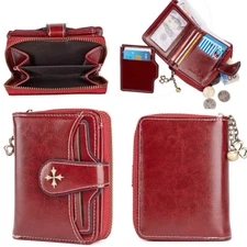 RFID Protection Short Leather Wallet Women Card ID Holder Zip Purse Waterproof