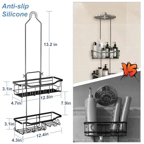 Shower Caddy, Upgraded Extended Length Shower Caddy Over Showerhead No Black