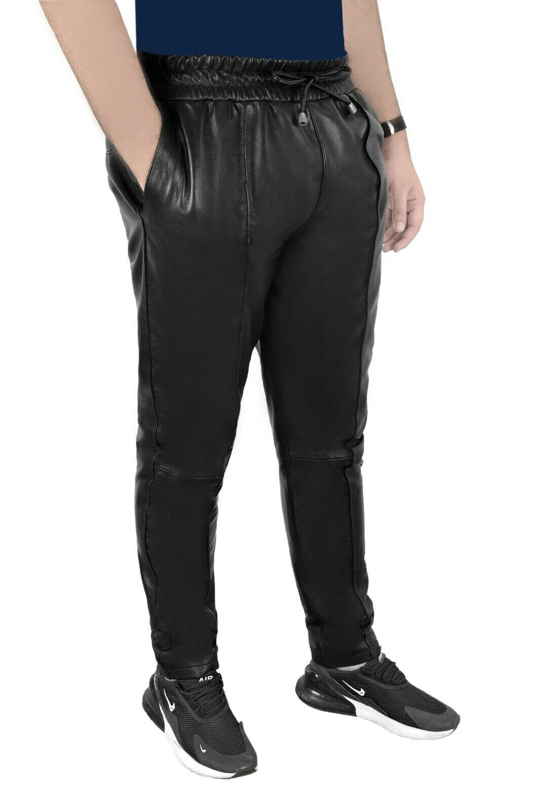 Men's Black Slim Fit Joggers Soft Lambskin Leather Trousers Jogging Causal Pant