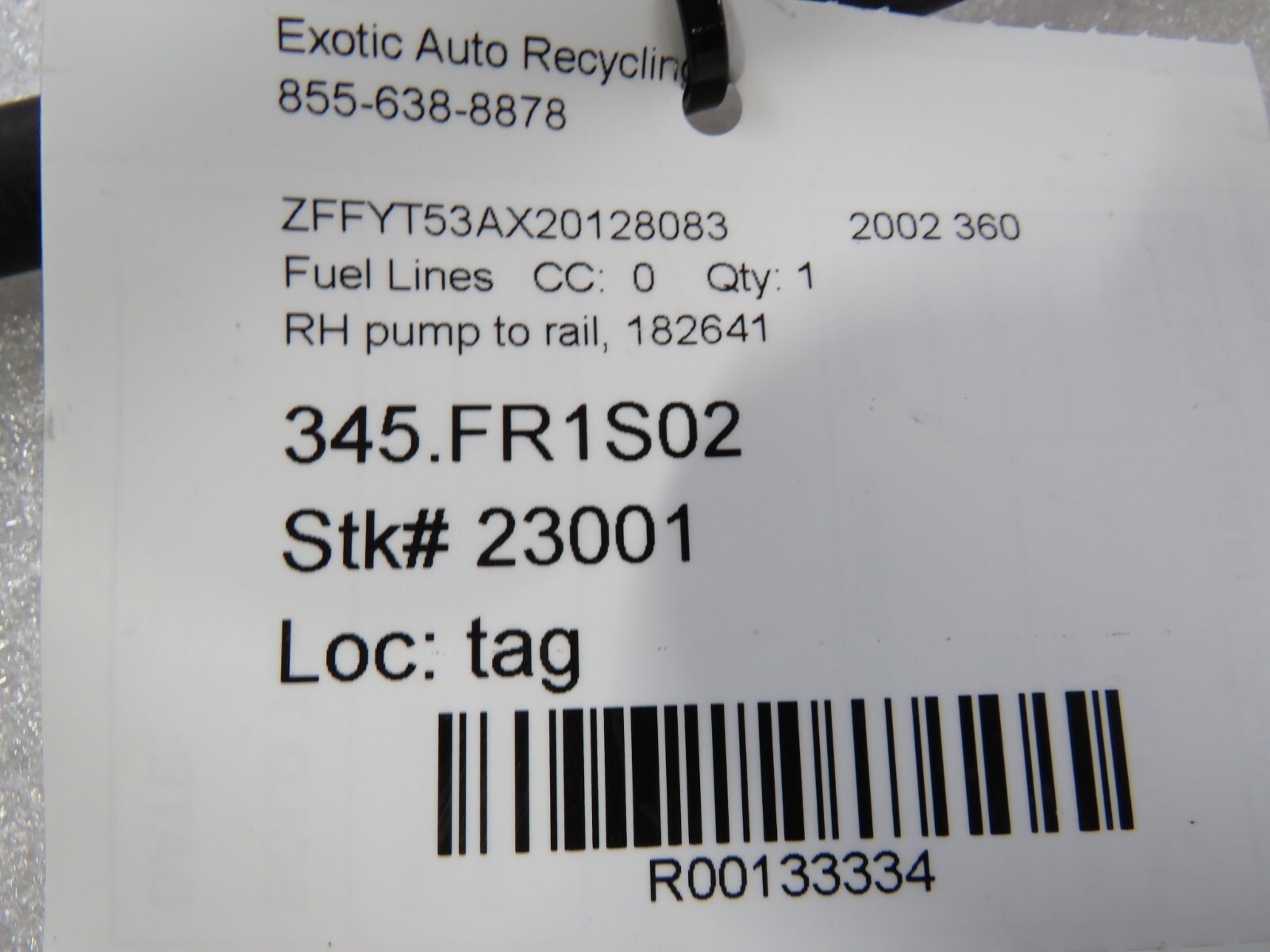 Ferrari 360 Spider, LH, Left, Fuel Pump to Rail Hose, Used, P/N 182641