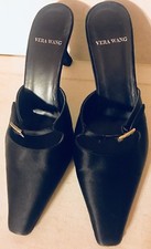 Vera Wang Black Satin Leather Toe Slip On Mid Heels Shoes 7 M EUR 37 1/2 Italy