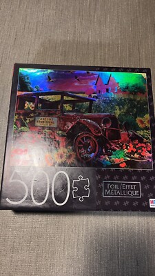 Milton Bradley 500 Piece Foil Jig Saw Puzzle Country Market Painting 24'' x 18''