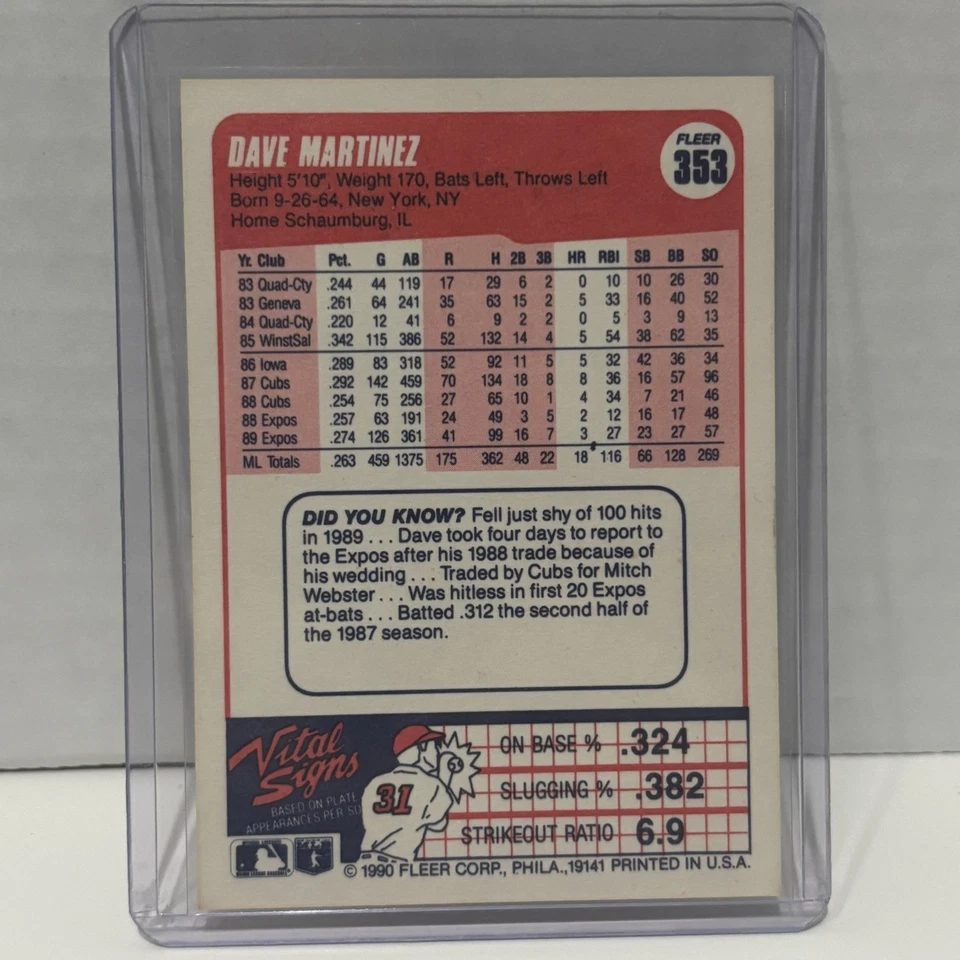 1990 Fleer #353 Дэйв Мартинес красный оригинальная карта - редкая ошибка  - Изображение 2 из 3