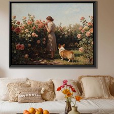 Corgi Dog Wall Art Oil Painting Floral Canvas Pet Lover Home Decor Garden Art