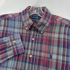 Ralph Lauren Shirt Mens Small Red Green Blue Plaid Button Down Cotton Madras