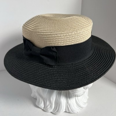 The Hatter Company Two Tone Straw Boater Hat Black Natural