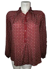 Max Studio Top Womens Sz M Burgundy Geo Print Button Neck LS Blouse Work Office