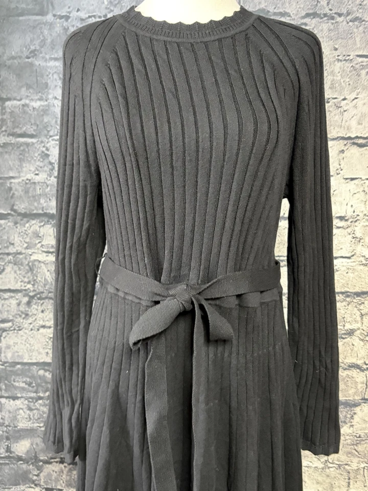Boden Dress Womens 16 Black Ribbed Knit Sweater Midi Belted Long Sleeve Crewneck - Image 3 of 4