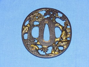 Japanese Samurai Sword Guard TSUBA, Iron w/ Mixed Metals, Signed SOTEN ? (#34)