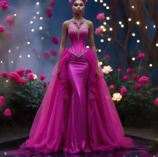 Modern Fuchsia Mermaid Prom Dresses With Detachable Train Crystals Beaded