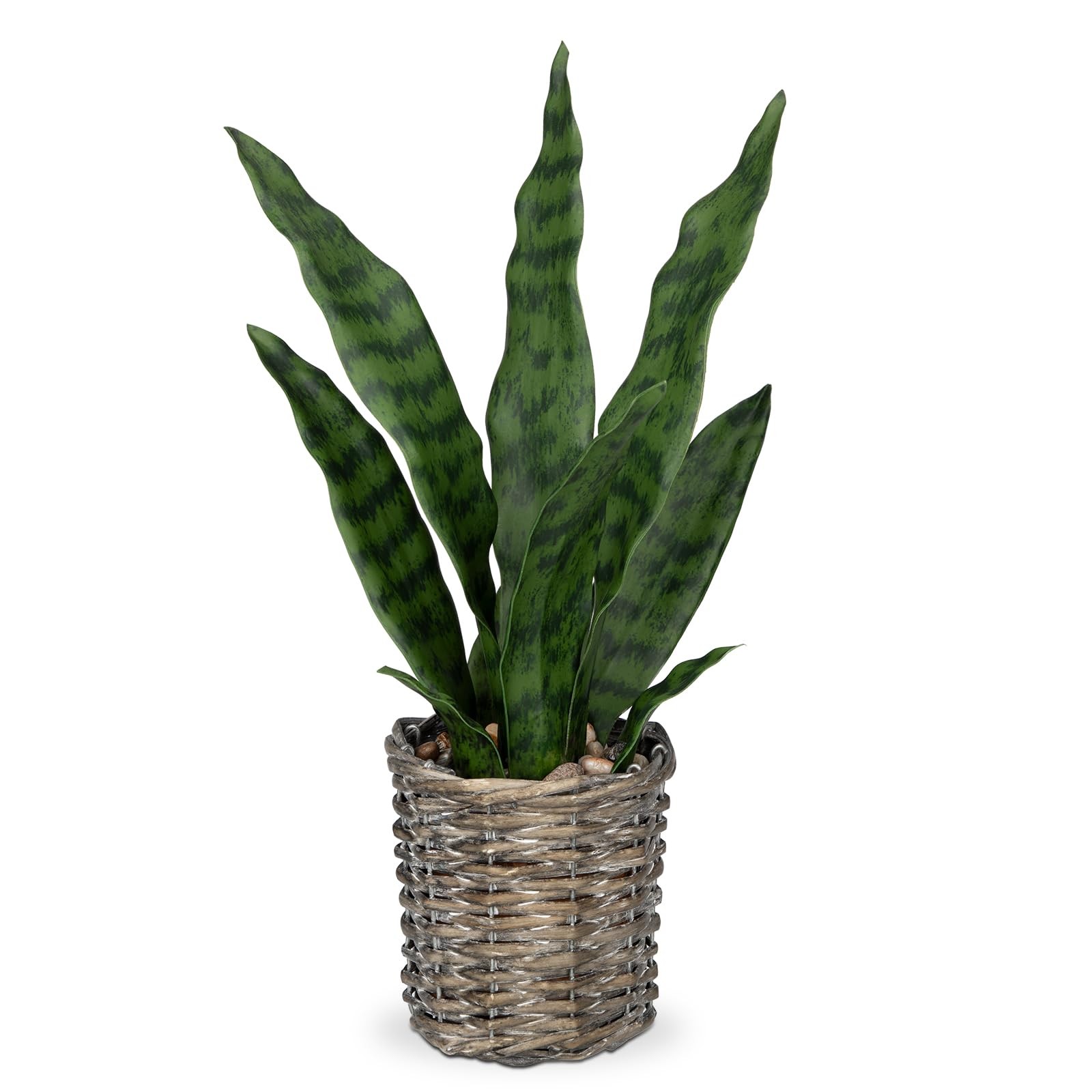 15 inch Artificial Snake Plant with Woven Basket Pot Fake Sansevieria Plant