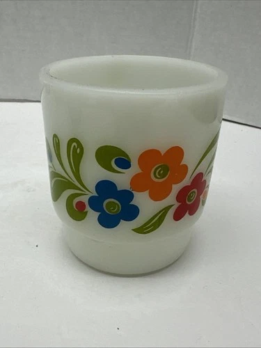 Anchor Hocking Mug Milk Glass Vintage Floral Coffee Tea Cup MCM Stacking Handle