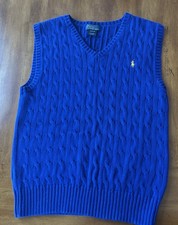 Polo Ralph Lauren Sweater Vest Boys M 10 12 Blue Cable Knit V Neck Yellow Pony