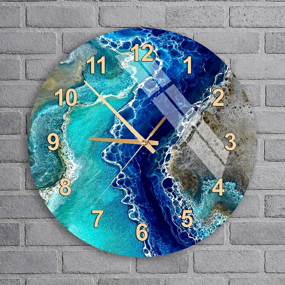 Ocean Wave Modern Blue Teal Resin Art Tempered Glass Hanging Wall Clock 10 inch