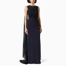 Blue Evening Dresses Column Crystal O Neck Chiffon Gowns Sleeveless Prom Dress