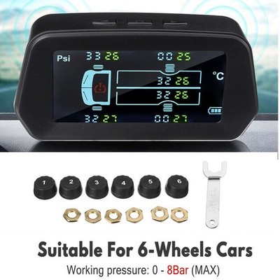 8 Bar Car TPMS Tyre Pressure System Solar Power LCD Display w/6 External Sensors