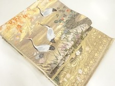 38325# JAPANESE KIMONO / FUKURO OBI / SILK / WOVEN SCENERY & CRANE