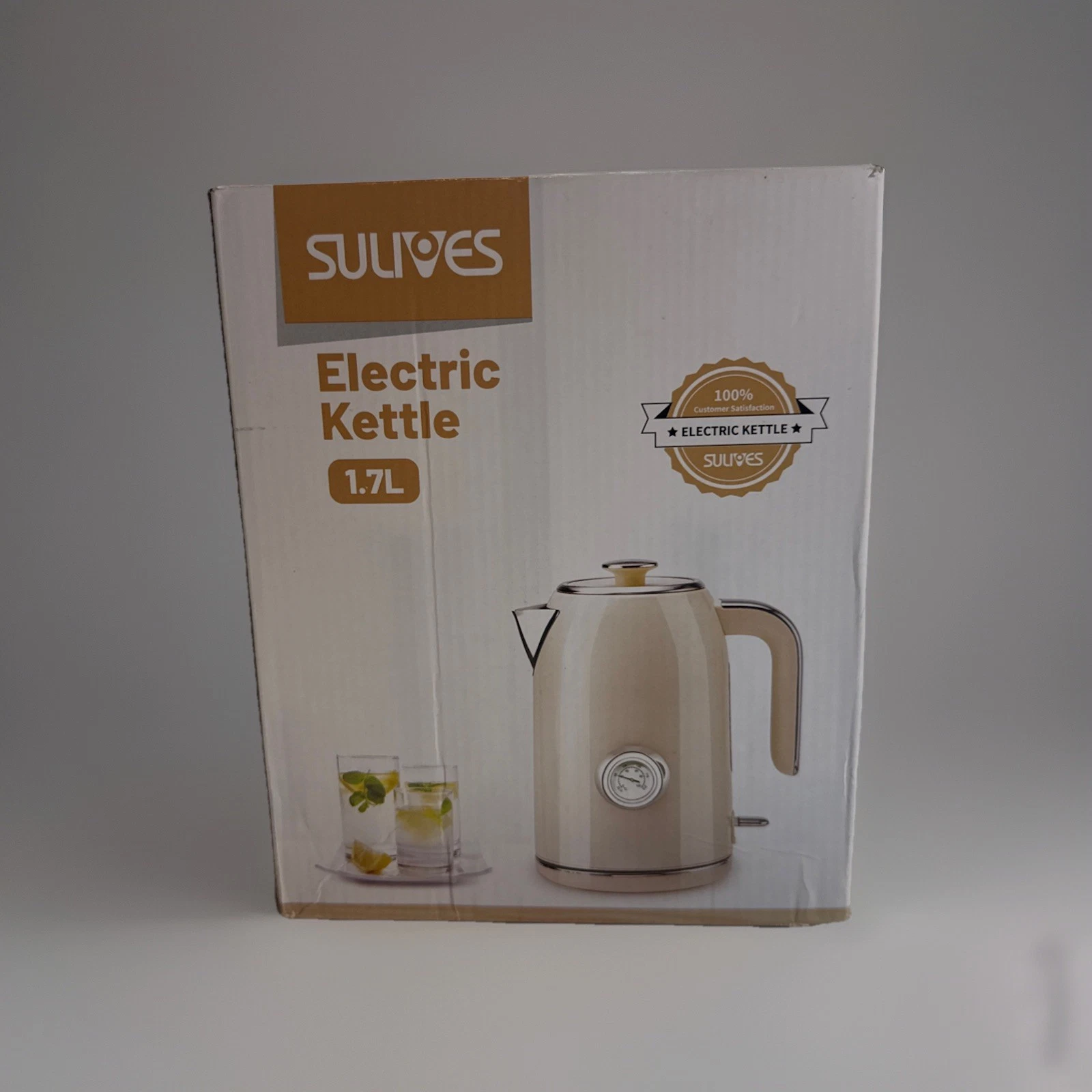 Sulives Electric Kettle - 1.7L Hot Tea Boiler with Thermometer, Retro, Cream