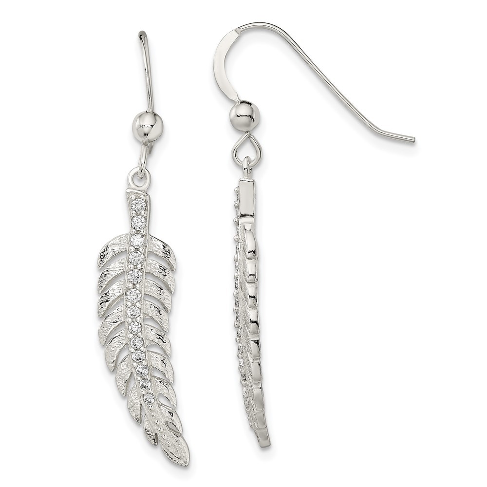 Sterling Silver Cubic Zirconia Feather Shepherd Hook Drop & Dangle Earrings