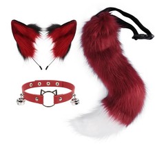 hbbhml Furry Animal Cat Fox Tail Faux Fur Wolf Ear Headband Leather Neck Choc...