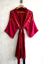 Designer Silk Patchwork Kimono Robe Women, Long Luxury Boho Nightwear Gown