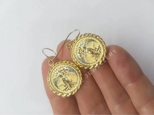 Vintage Liberty Coin Dangle Earrings: 14k Yellow Gold Plated